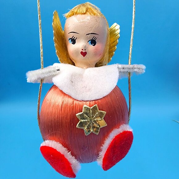 Vintage 1960s Satin Ball Angel Ornament Foil Wings Spun Cotton Composite Face v4 - Picture 2 of 9